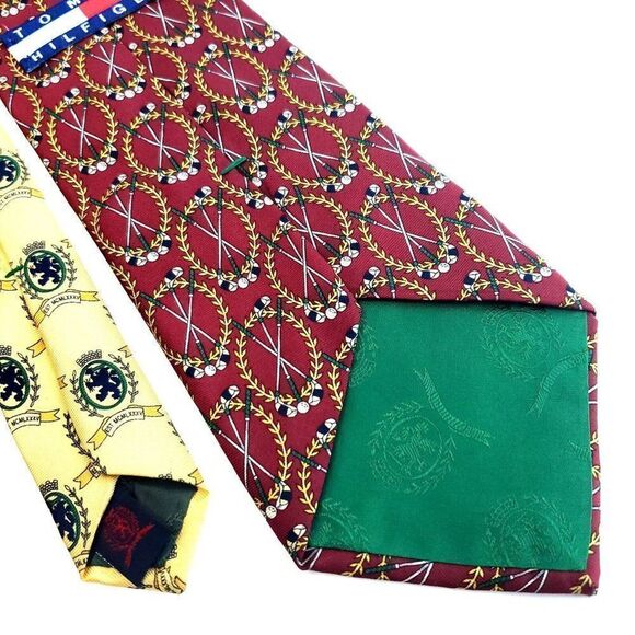Tommy Hilfiger Red‎ Yellow Golf Print Wide Italian Silk Tie - Picture 6 of 7